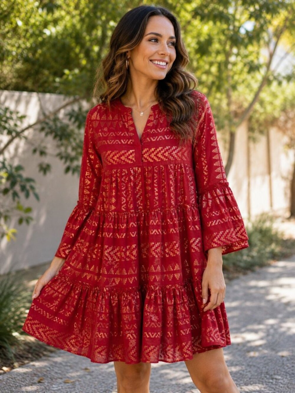 Elan Womens Red Gold Metallic Boho Tiered Dress Small 3/4 Bell Sleeve Made India